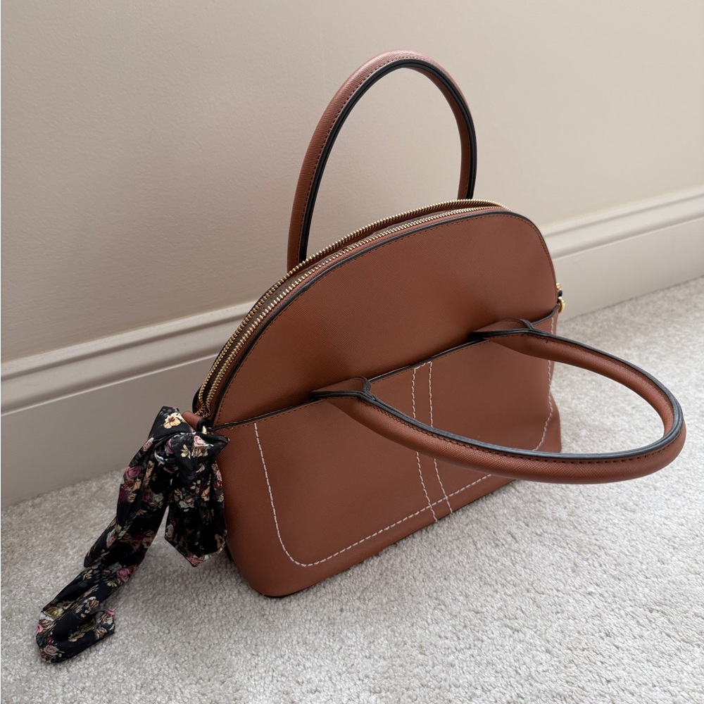 Elegant Brown Handbag with Floral Scarf Accent